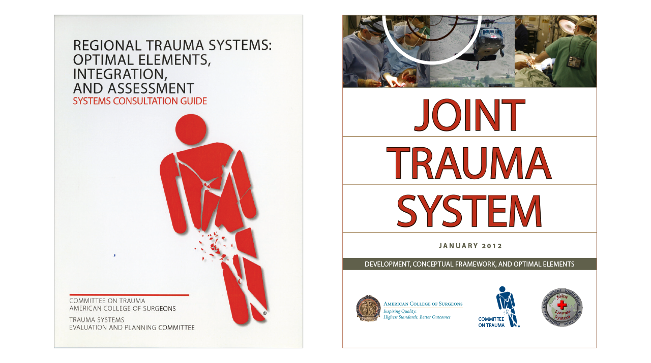 Left: Regional Trauma Systems: Optimal Elements, Integration, and Assessment: The Systems Consultation Guide, also known as the “White Book,”  as published in 2008. Right: Joint Trauma System: Development, Conceptual Framework, and Optimal Elements published by the US Army Institute of Surgical Research in 2012, an outcome of the strong partnership between the military and the ACS COT