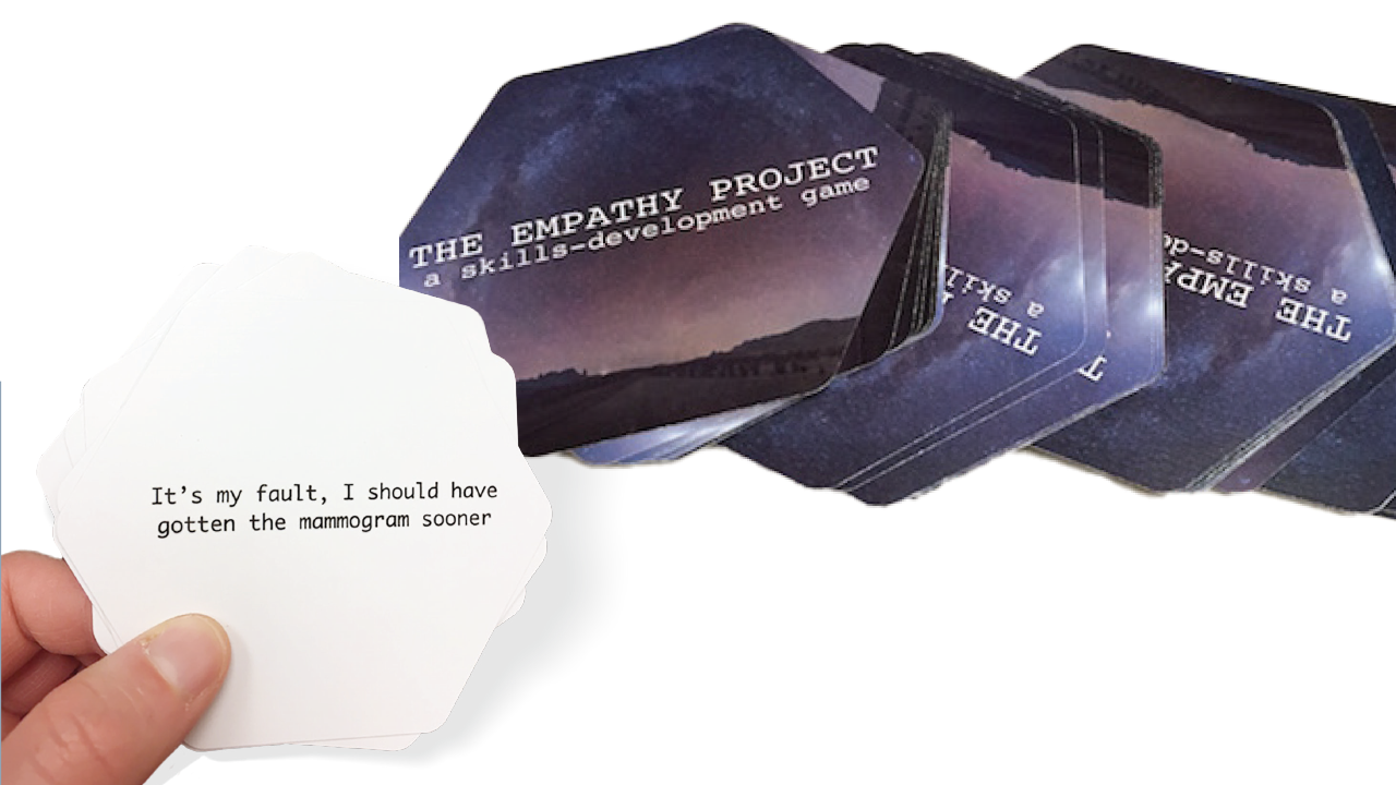 “The Empathy Project” is a card game designed to help physicians hone critical communication skills.  The 30 cards feature statements representing commonly expressed emotions such as grief, worry, fear, anger, and guilt.