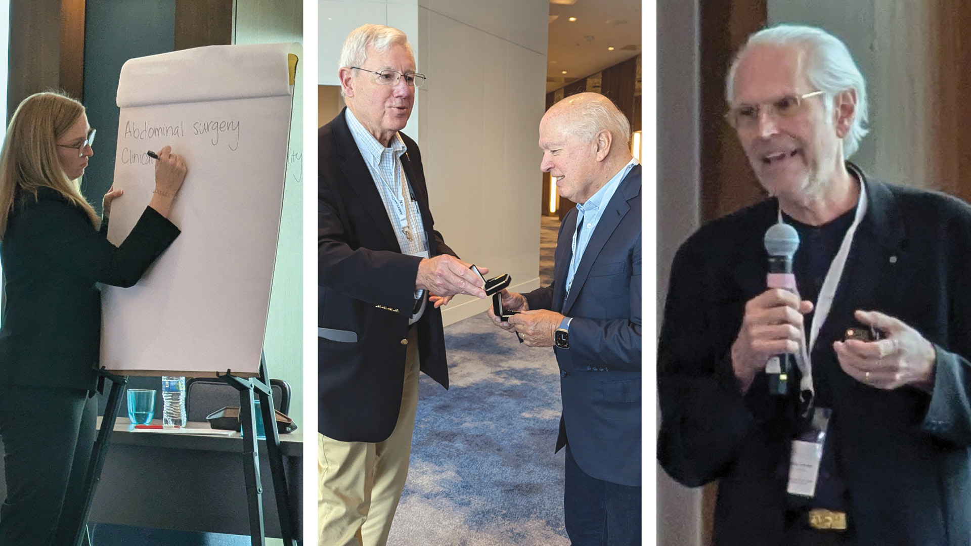 Left: Colorectal surgeon Dr. Tara Russell helps lead attendees through a modified Delphi process.  Middle: Kenneth Sharp, MD, FACS, and donor Peter Carlino converse.  Right: Dr. Rudy Leon de Wilde, a gynecological surgeon, speaks at the summit.