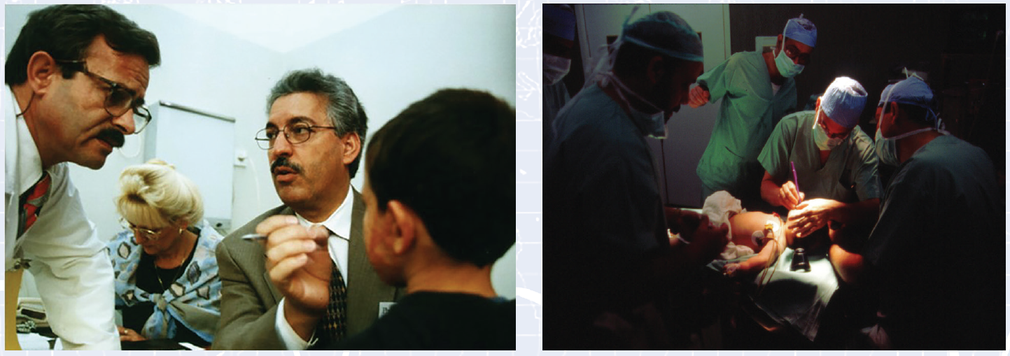 Left: Hebron, 1994: Dr. Eid Mustafa (center, speaking) at a clinic, explains treatment options for a facial burn scar to a pediatric surgeon. Right:  West Bank’s Ramallah Hospital, 1996: Dr. Eid Mustafa (center, seated) shows the markings for a cleft lip procedure and explains surgical technique.