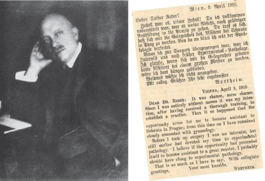 Ernst Wertheim and his personal reply (top, in German; bottom, translated into English) to Dr. Reder’s question. Photo courtesy of http://bit.ly/2D3fkG8.