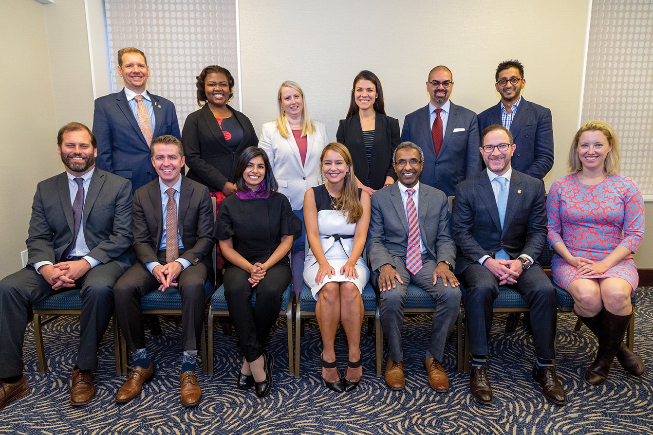 Clinical Congress 2019: YFA Governing Council meeting. Front row, from left (all MD, FACS): Christopher DuCoin, Robert Winfield, Shubhada Dhage, Paula Ferrada, Dr. Mammen, James Suliburk, and Jennifer Bishop.Back row (all MD, FACS): Jason Wilson, Shaneeta Johnson, Cynthia Talley, Amalia Stefanou, Ankus Gosain, and Ashley Vergis.