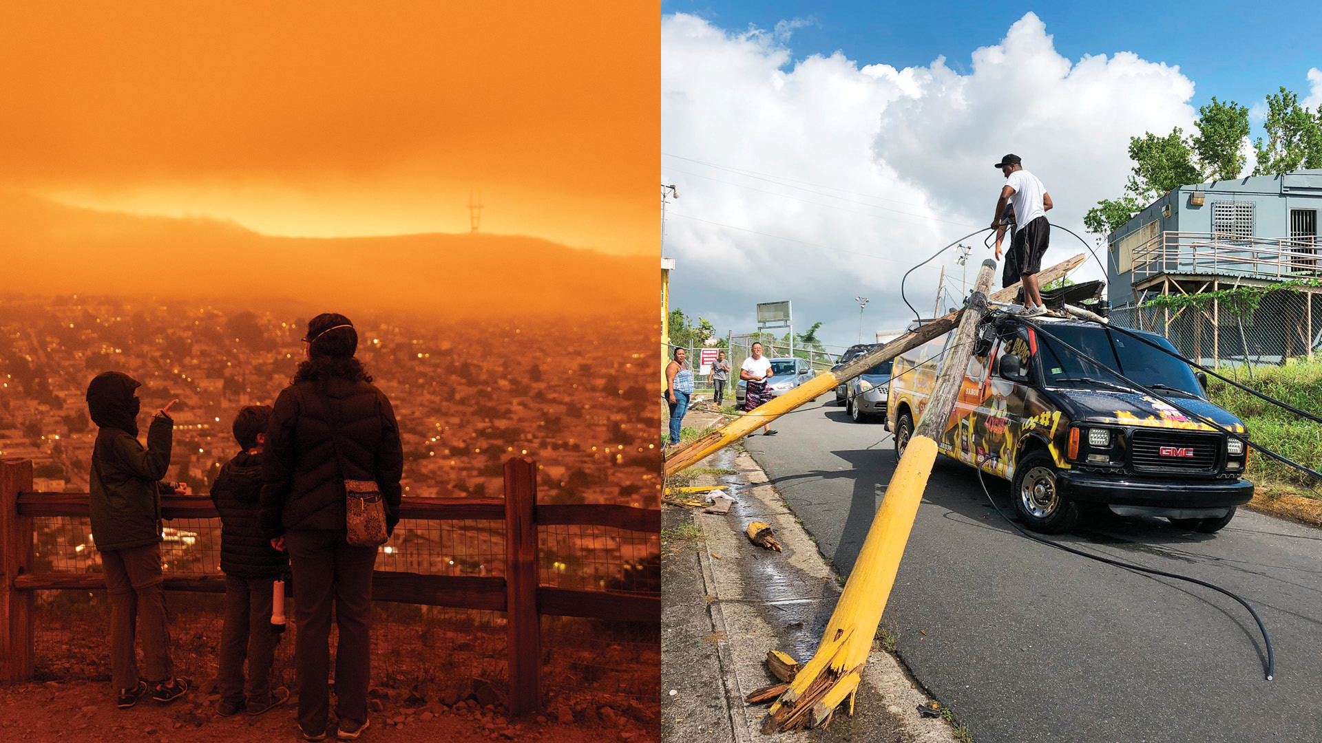Left: Residents watch the glow from a California wildfire in 2020. Right: Hurricane Maria in Puerto Rico caused downed power lines all over the island.